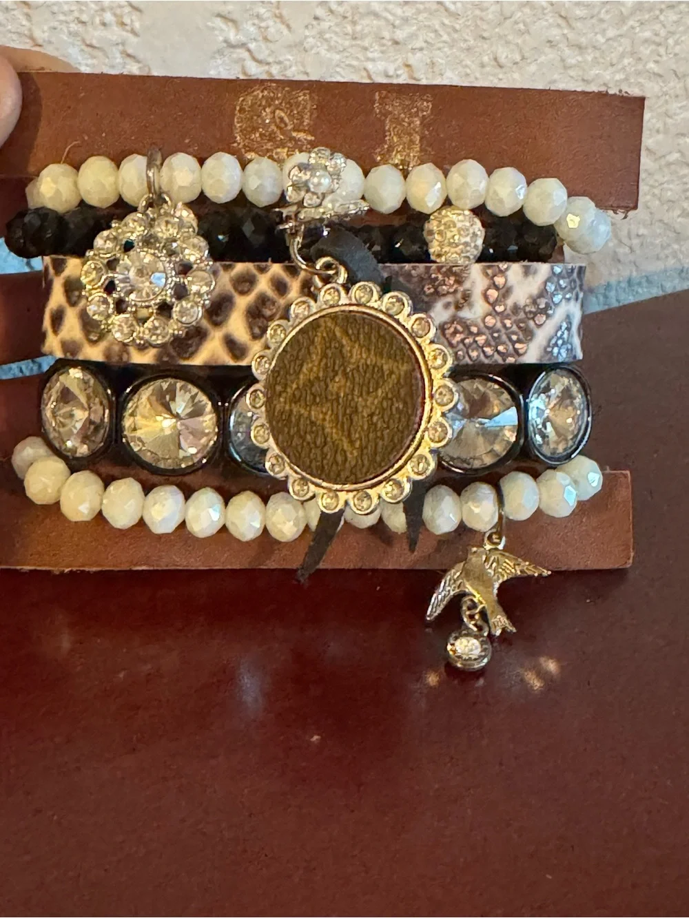 NWT Sandra Ling Upcycled LV Multi-Row White Bead & Leopard Print Charm Bracelet